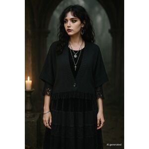 Democracy Womens Cardigan Size‎ M Black Fringe Whimsigoth Fairy Grunge Dark Boho